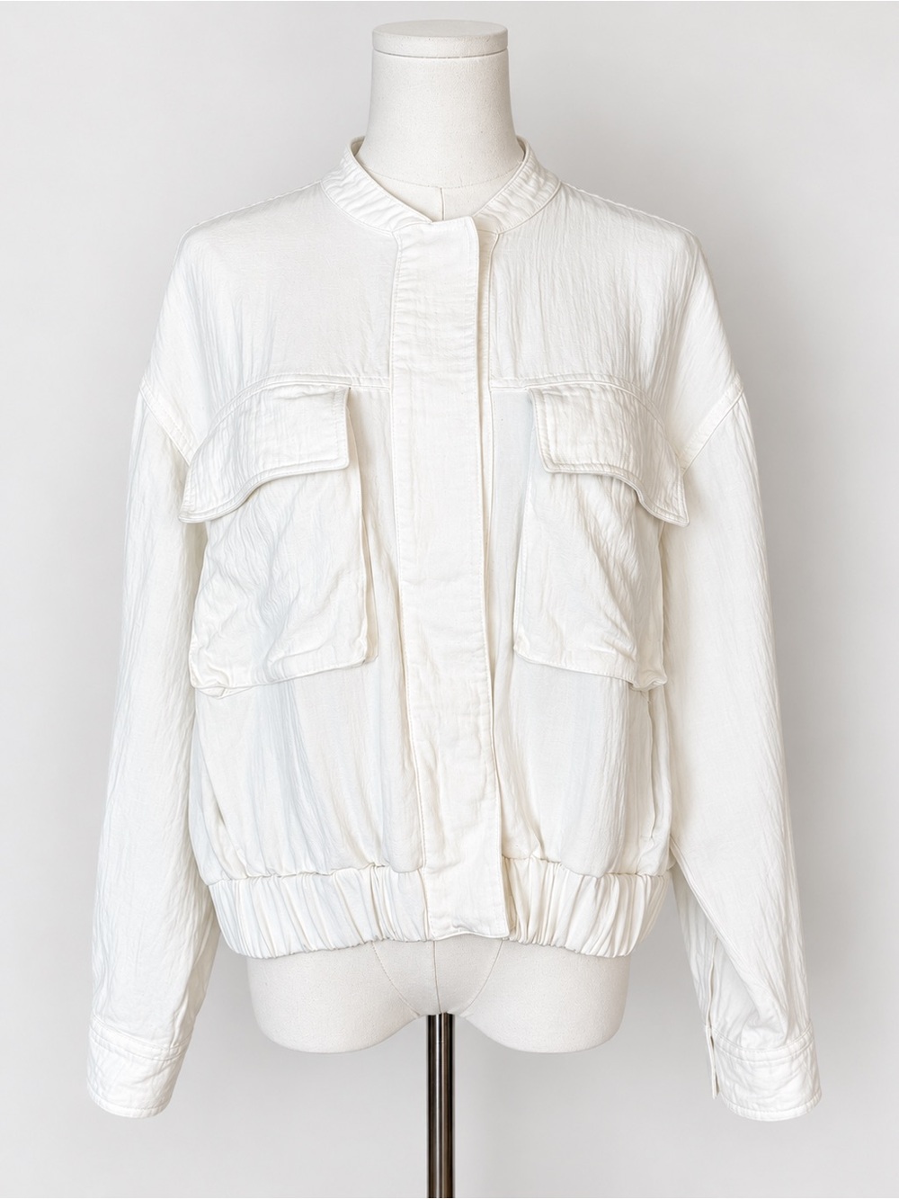 Zara Linen Blend Utility Bomber Jacket Ivory Oversized Pockets M/L